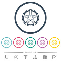 Car wheel flat color icons in round outlines