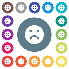 Sad emoticon solid flat white icons on round color backgrounds