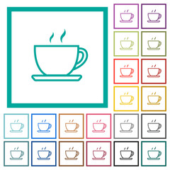 Cup of coffee outline flat color icons with quadrant frames
