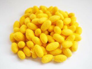 Yellow cocoon on white background. top view photo, blurred.