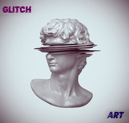 Glitch Art. 3D rendering concept illustration of glitch deformed classical head sculpture on dark background.