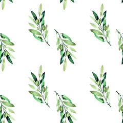 Seamless pattern with Watercolor olives on white