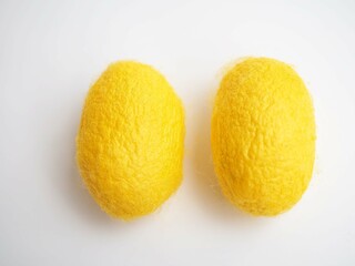 Yellow cocoon on white background. closeup photo, blurred.