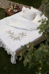 Bedroom bed with pillows and bed sheets