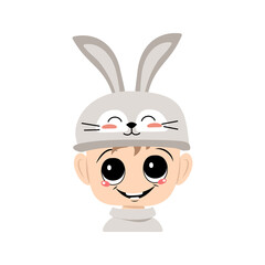 Avatar of boy with big eyes and wide happy smile in cute rabbit hat with long ears. Head of child with joyful face for holiday Easter, New Year or carnival costume for party. Vector flat illustration