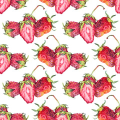 Seamless pattern watercolor slice strawberry with green leaves isolated on white background. Hand-drawn sweet summer berry food for kitchen. Cute red fruit dessert for menu cafe. Art for cookbook