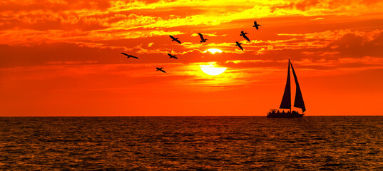 Zeilboot Oceaan Zeilen Zonsondergang Banner