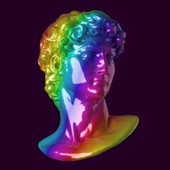 Concept illustration from 3d rendering of rainbow colored toy head of classical sculpture isolated on black background.