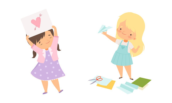Little Girl Showing Paper Plane and Heart Drawing Vector Illustration Set