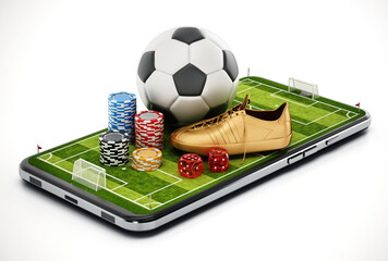 Casino chips, soccer ball and dice standing on smartphone with football pitch. 3D illustration © Destina