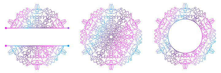 Set of flower mandalas. Split pattern in form of mandala for Henna Mehndi or tattoo decoration. Decorative ornament in ethnic oriental style, vector illustration.	