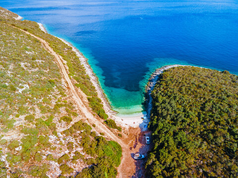 aerial view of wild beach at lefkada island greece