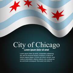 Flag of State of Chicago in Illinois (USA) flying on dark background with text