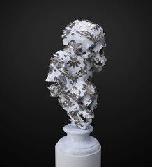 Abstract illustration from 3d rendering of a sculpture made of 3 merged white marble skulls with silver leaf brocade pattern isolated on background.