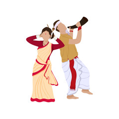 Assamese Man Playing Pepa Instrument And Woman Dancing On White Background.