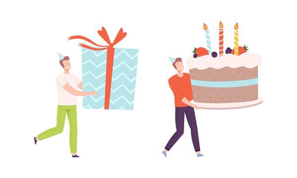 Man in Birthday Hat Carrying Huge Cake with Candles and Gift Box Vector Set