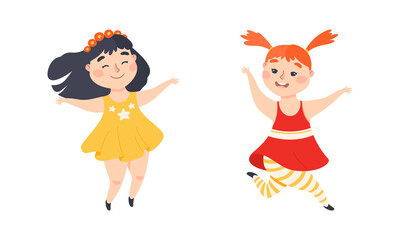 Little Girl with Overweight and Body Fat Jumping and Having Fun Vector Set