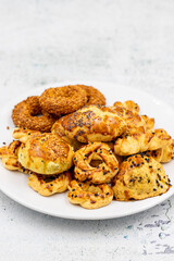 Sesame crackers cookies on stone background. Snack cookies. close up