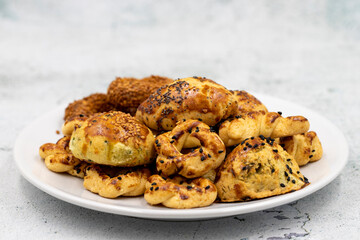 Sesame crackers cookies on stone background. Snack cookies. close up