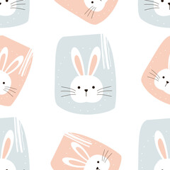 Seamless pattern with bunny rabbit face and hand drawn rectangles on white background vector. 