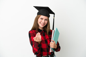 Young English student woman isolated on white background inviting to come with hand. Happy that you came