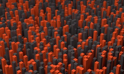 Fototapeta premium Structure of rectangles of different heights. Abstract geometric isometric background in orange and black colors. 3D render