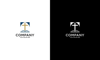 Cross and bible vector logo. Open the book icon. Brand identity for church, christian organization computer or mobile phone software application. Community symbol, e book or e bible.