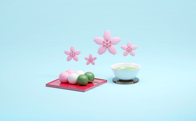 シンプルな背景の桜と団子とお茶のお花見 3Dイラスト
