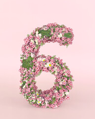 Creative number 6 concept made of fresh Spring wedding flowers. Flower font concept on pastel pink background.