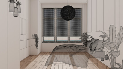 Empty white interior with white walls and herringbone parquet wooden floor, custom architecture design project, black ink sketch, blueprint showing modern bedroom, architecture idea