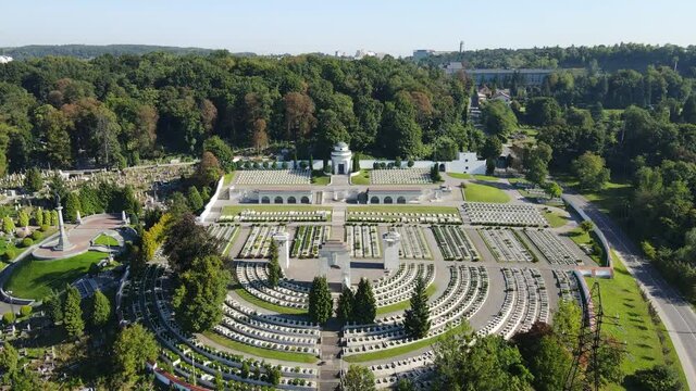 Aerial shot The city of Lviv. Lychakiv cemetery museum-reserve. Ukraine