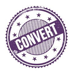 CONVERT text written on purple indigo grungy round stamp.