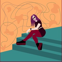 Vector illustration girl with pink hair sitting on the steps