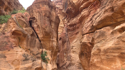 Tourist route through the gorge to Petra - Nabataean rock temple. Jordan