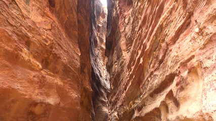 Tourist route through the gorge to Petra - Nabataean rock temple. Jordan