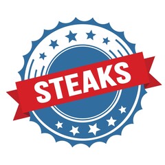 STEAKS text on red blue ribbon stamp.