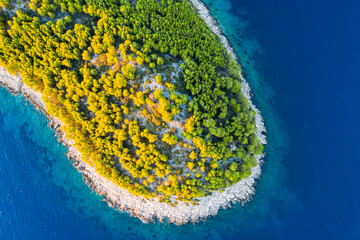 Aerial view of picturesque green bay at Hvar island, Croatia. - obrazy, fototapety, plakaty