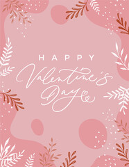 Obraz premium Happy Valentine's Day Card With Plant Doodles On Powder Pink
