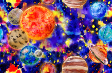 Naklejka na ściany i meble Realistic solar system in watercolor seamless pattern against a bright starry sky background for textile and surface design