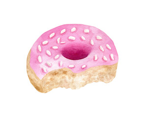 Watercolor bitten donut illustration. Hand painted cute pink doughnut with glaze and sprinkles isolated on white background. Tasty dessert sketch for cards, design. Glazed bakery painting