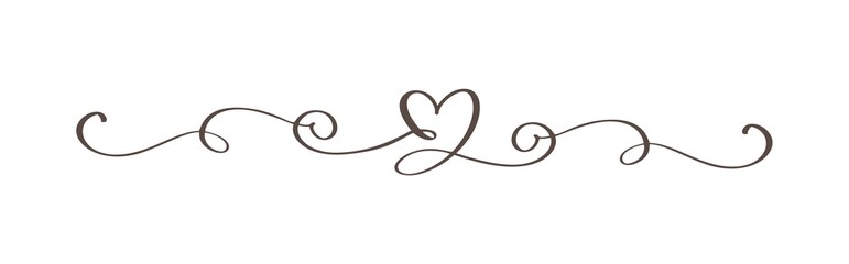Vintage Flourish Vector divider Valentines Day Hand Drawn Black Calligraphic Heart. Calligraphy Holiday illustration. Design valentine element. Icon love decor for web, wedding - obrazy, fototapety, plakaty