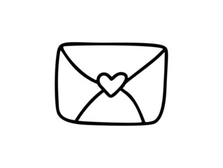 Vector monoline envelope with heart. Valentines Day Hand Drawn icon. Holiday sketch doodle Design element valentine. love decor for web, wedding and print. Isolated illustration