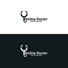 Online doctor logo with stethoscope icon isolated on white background