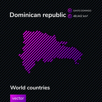 Stylized vector flat Dominican Republic map texture in black and violet colors on striped background