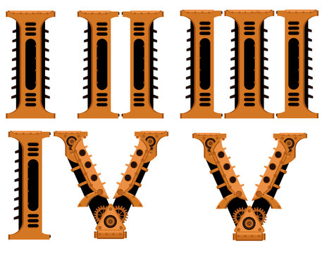Roman numerals in steampunk style from one to five set.