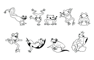 Set of funny toads. Collection of silhouette of cute ranch frogs with crown, hearts, etc. River animals. Vector illustration on a white background.