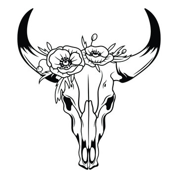 Skull animal with flowers wreath. Skull farm animal with flowers. Vector illustration of a white background. Tattoo.