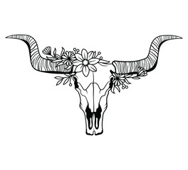 Skull animal with flowers wreath. Skull farm animal with flowers. Vector illustration of a white background. Tattoo.