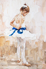 .Portrait of a little cute girl. Ballerina is preparing for a performance on a white background. Oil painting on canvas. - obrazy, fototapety, plakaty