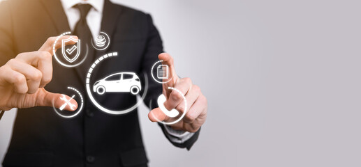 Digital composite of Man holding car icon.Car automobile insurance and car services concept. Businessman with offering gesture and icon of car